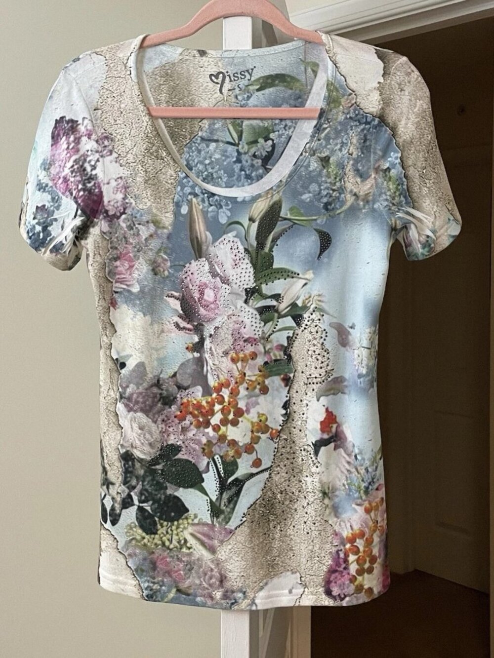 Artsy Sublimation Top Floral Rhinestone Coastal Bohemian Women's Small
